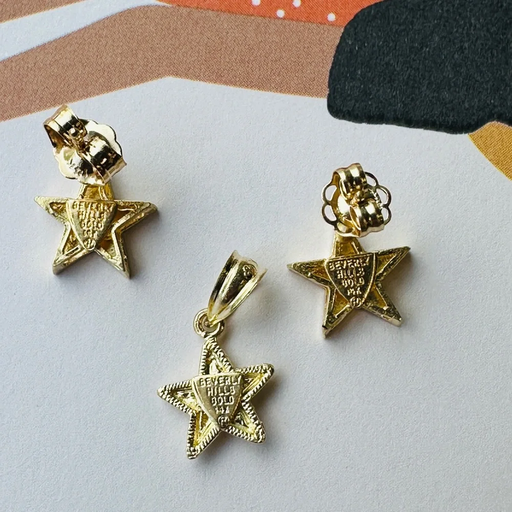 14K solid gold earrings and pendant set with chain - Picture 6 of 7